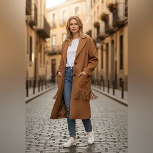 Apparis Eleanor Camel Fringe Trench‎ Coat size small